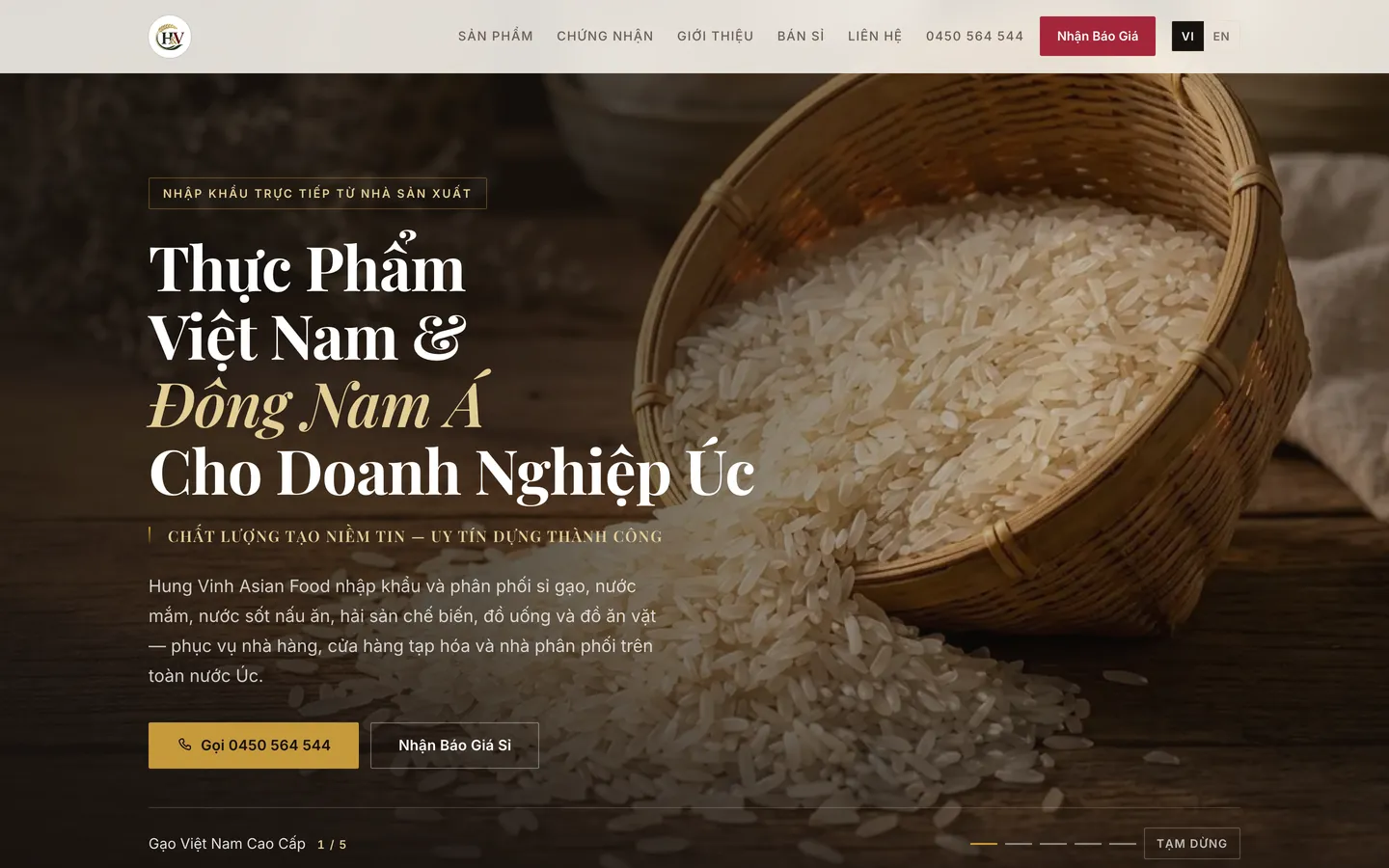 The Hung Vinh Asian Food homepage, showing the wholesale product range.