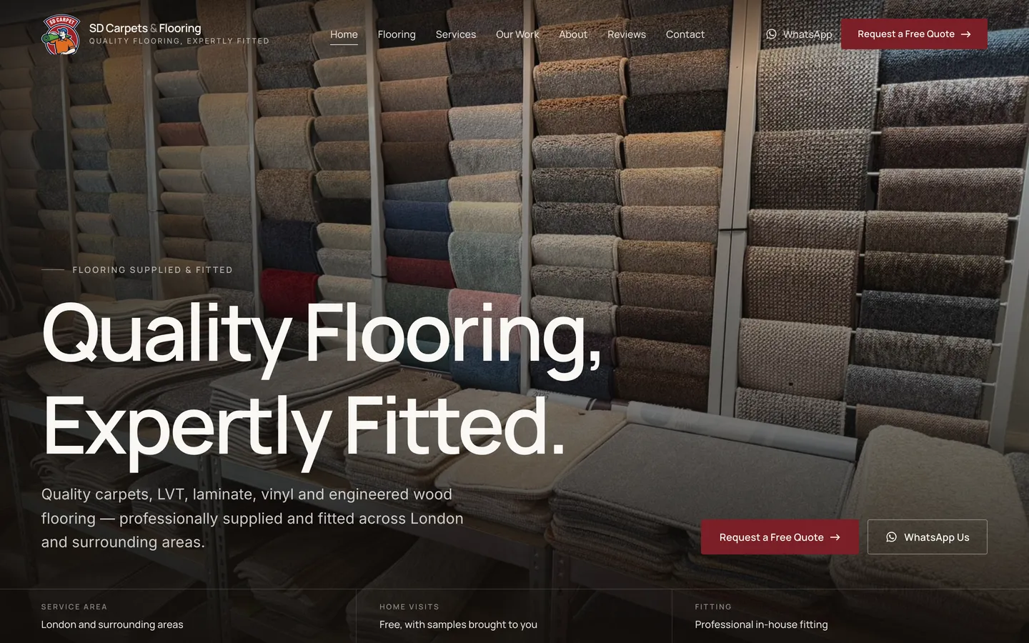 The SD Carpets and Flooring homepage, showing the flooring ranges offered.